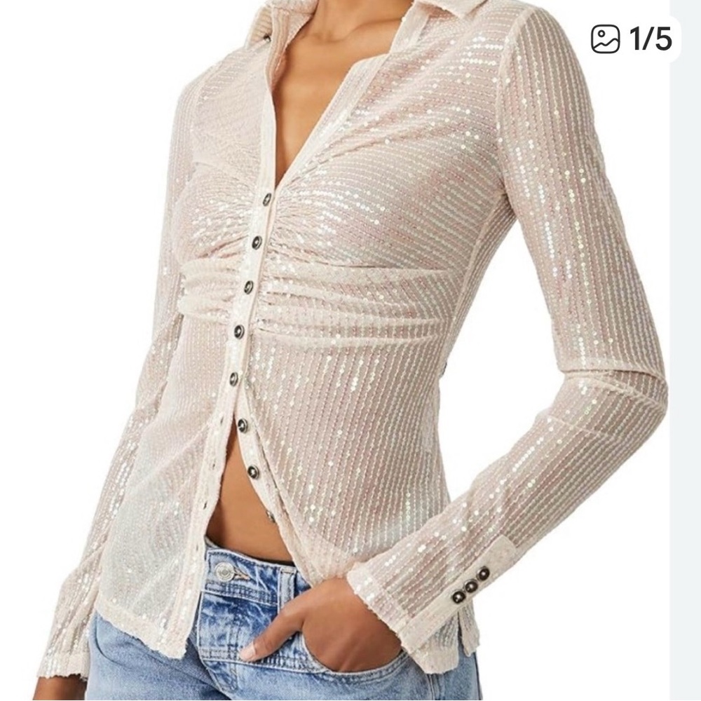 Free People Shimmering Cream Button-Down Shirt Size Large